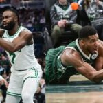 Jaylen Brown (L) and Giannis Antetokounmpo (R)