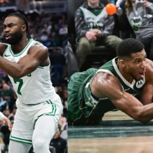 Jaylen Brown (L) and Giannis Antetokounmpo (R)