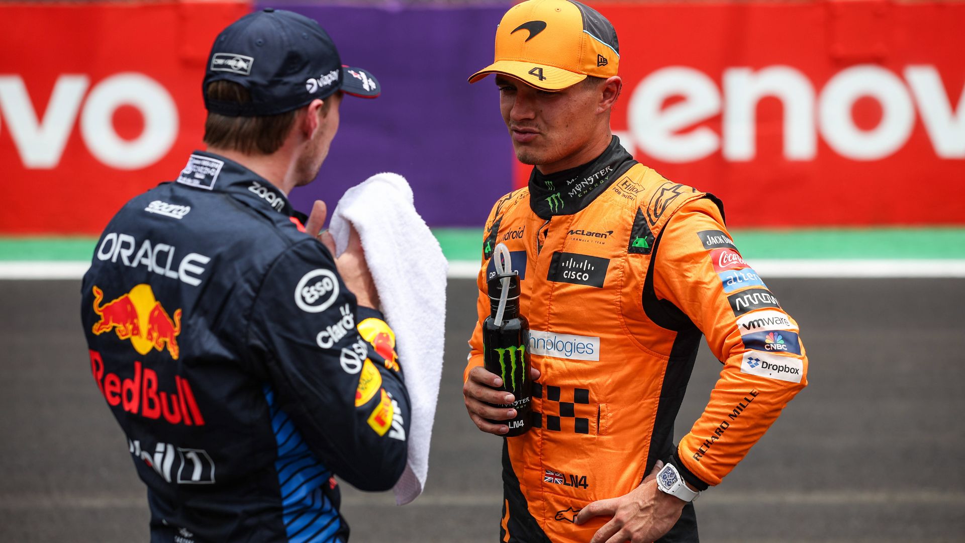 F1 Grand Prix of Brazil Max Verstappen of Red Bull Racing RB20 and Lando Norris of McLaren F1 Team MCL38 pose for a portrait during the Formula 1 Grand Prix of Brazil at Autodromo Jose Carlos Pace in Sao Paulo, Brazil, on October 31 to November 3, 2024