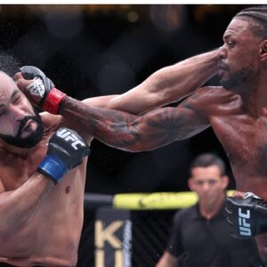 Michael Johnson (red gloves) fights Ottman Azaitar (blue gloves) at Amalie Arena.