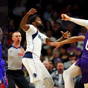 Lou Williams (L), Naji Marshall and Jusuf Nurkic (R)