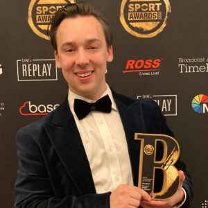 F1TV lead commentator Alex Jacques at Broadcast Sports Awards in 2022