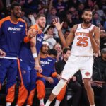 New York Knicks forward Mikal Bridges (25) reacts after hitting a three point shot in the fourth quarter against the San Antonio Spurs at Madison Square Garden