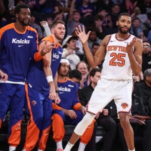New York Knicks forward Mikal Bridges (25) reacts after hitting a three point shot in the fourth quarter against the San Antonio Spurs at Madison Square Garden