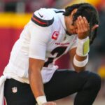 Dec 21, 2024; Kansas City, Missouri, USA; Houston Texans quarterback C.J. Stroud (7) reacts after an injury to wide receiver Tank Dell (not pictured) during the second half against the Kansas City Chiefs at GEHA Field at Arrowhead Stadium.