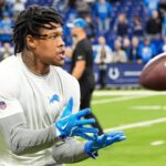 Detroit Lions wide receiver Jameson Williams (9) warms up before the game between Indianapolis Colts and Detroit Lions at Lucas Oil Stadium on Sunday, Nov. 24, 2024.