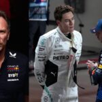Christian Horner (L), George Russell and Max Verstappen (R)