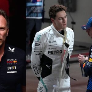 Christian Horner (L), George Russell and Max Verstappen (R)