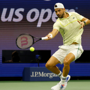 Grigor Dimitrov (BUL) hits a forehand against Frances Tiafoe (USA)(not pictured) on day nine of the U.S. Open