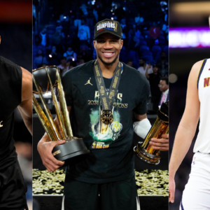 Thanasis Antetokounmpo (L), Giannis Antetokounmpo (C) and Nikola Jokic (R)