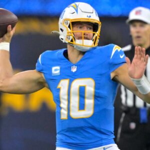 Dec 15, 2024; Inglewood, California, USA; Los Angeles Chargers quarterback Justin Herbert (10) throws a pass in the second half against the Tampa Bay Buccaneers at SoFi Stadium.