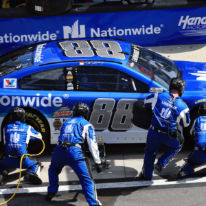 NASCAR Sprint Cup Series driver Dale Earnhardt Jr. (88) makes a pit stop during the Daytona 500 at Daytona International Speedway.