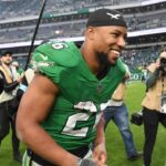 Philadelphia Eagles running back Saquon Barkley (26) runs off the field after win against the Dallas Cowboys at Lincoln Financial Field.