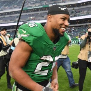 Philadelphia Eagles running back Saquon Barkley (26) runs off the field after win against the Dallas Cowboys at Lincoln Financial Field.