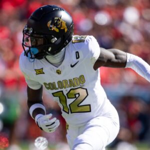 Oct 19, 2024; Tucson, Arizona, USA; Colorado Buffalos wide receiver Travis Hunter (12) against the Arizona Wildcats at Arizona Stadium.