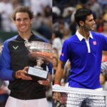 Toni Nadal and Rafael Nadal (L), Novak Djokovic and Roger Federer (R)