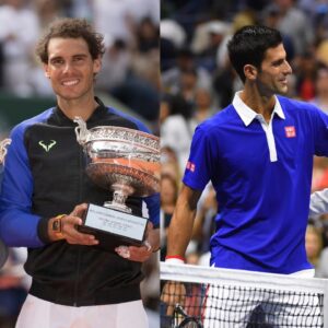 Toni Nadal and Rafael Nadal (L), Novak Djokovic and Roger Federer (R)