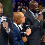 Stephen A. Smith (L) and Shaquille O'Neal with the TNT crew (R)