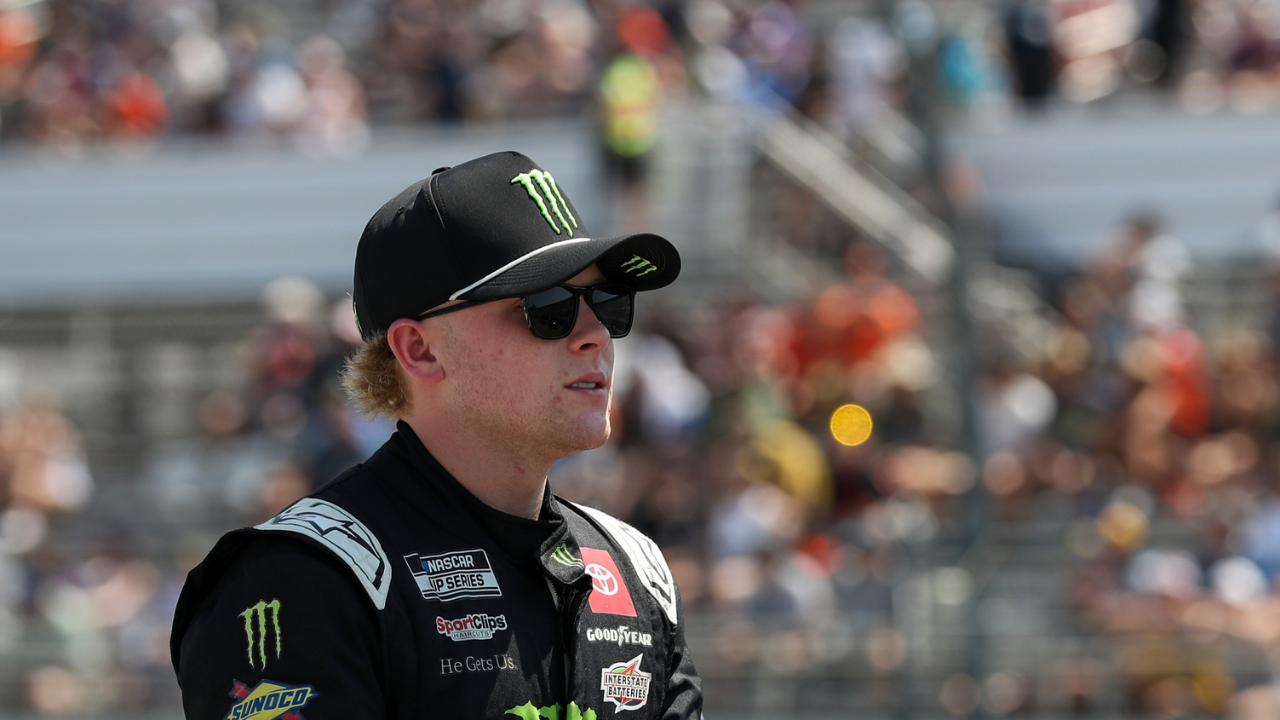 Jul 14, 2024; Long Pond, Pennsylvania, USA; NASCAR Cup Series driver Ty Gibbs is introduced to the fans prior to The Great American Getaway 400 at Pocono Raceway. Mandatory Credit: Matthew O'Haren-Imagn Images