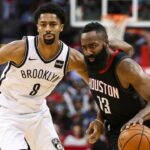 Houston Rockets guard James Harden (13) dribbles the ball as Brooklyn Nets guard Spencer Dinwiddie (8) defends during the third quarter at Toyota Center