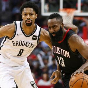 Houston Rockets guard James Harden (13) dribbles the ball as Brooklyn Nets guard Spencer Dinwiddie (8) defends during the third quarter at Toyota Center
