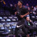 Brooklyn Nets forward Dorian Finney-Smith (28) warms up prior to the game against the San Antonio Spurs at Barclays Center.