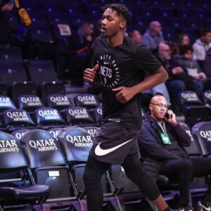 Brooklyn Nets forward Dorian Finney-Smith (28) warms up prior to the game against the San Antonio Spurs at Barclays Center.
