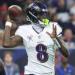 Dec 15, 2024; Houston, Texas, USA; Baltimore Ravens quarterback Lamar Jackson (8) throws the ball during the second quarter against the Houston Texans at NRG Stadium.