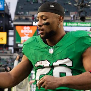 Philadelphia Eagles running back Saquon Barkley (26) walks off the field after a victory against the Dallas Cowboys at Lincoln Financial Field.