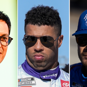 (L-R) NASCAR Cup Series drivers Joey Logano, Bubba Wallace and Kyle Larson