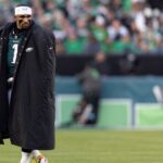Philadelphia Eagles quarterback Jalen Hurts (1) looks on against the Carolina Panthers at Lincoln Financial Field.