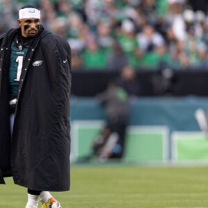 Philadelphia Eagles quarterback Jalen Hurts (1) looks on against the Carolina Panthers at Lincoln Financial Field.