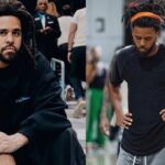 J Cole courtside in an NBA game (L) and J Cole hooping (R)