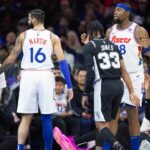 Philadelphia 76ers center Andre Drummond (5) reacts after being called for a foul against San Antonio Spurs center Victor Wembanyama (1) during the second quarter at Wells Fargo Center.