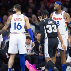 Philadelphia 76ers center Andre Drummond (5) reacts after being called for a foul against San Antonio Spurs center Victor Wembanyama (1) during the second quarter at Wells Fargo Center.