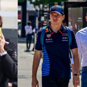 Toto Wolff(L), Max Verstappen(C), Jos Verstappen(R)