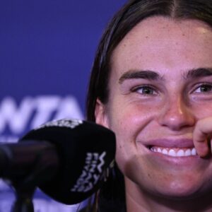 WTA, Tennis Damen Finals 2024 - Day 7 RIYADH, SAUDI ARABIA - NOVEMBER 08: Aryna Sabalenka of Belarus during the press conference, PK, Pressekonferenz after her semi-final match against Coco Gauff of USA