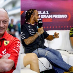 Frederic Vasseur (L), Lewis Hamilton and Charles Leclerc (R)