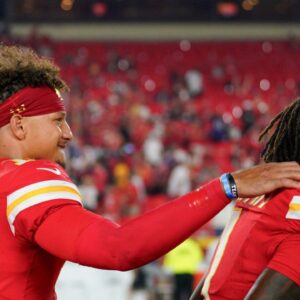 Kansas City Chiefs quarterback Patrick Mahomes (15) celebrates with wide receiver Xavier Worthy (1) after the win over the Baltimore Ravens at GEHA Field at Arrowhead Stadium.