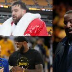 Patrick Mahomes and Travis Kelce (TL), LeBron James and Stephen Curry (BL), Kendrick Perkins (R).