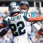 Oct 7, 2018; Charlotte, NC, USA; Carolina Panthers running back Christian McCaffrey (22) celebrates with quarterback Cam Newton (1) after scoring a touchdown in the fourth quarter at Bank of America Stadium.