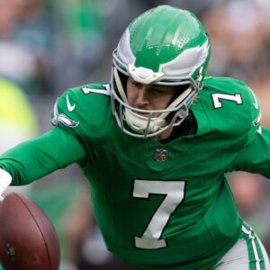 Philadelphia Eagles quarterback Kenny Pickett (7) fumbles the ball during the second quarter against the Dallas Cowboys at Lincoln Financial Field.