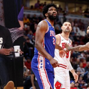 Gilbert Arenas (L) and Joel Embiid and Paul George (R)