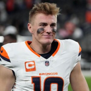 Denver Broncos quarterback Bo Nix (10) reacts after the game against the Las Vegas Raiders at Allegiant Stadium.