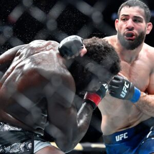Nassourdine Imavov, right, connects with Jared Cannonier during the third round of their middleweight main bout at the UFC Fight Night mixed martial arts event Saturday, June 8 2024 in Louisville Ky. Imavov defeated Cannonier in the third round.