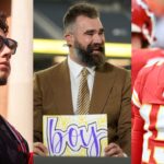 Dylan Raiola [Left]; Jason Kelce [Center]; Patrick Mahomes [Right]