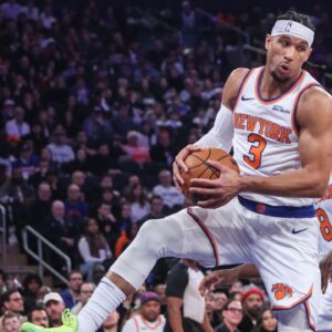 New York Knicks guard Josh Hart (3) grabs a rebound in the first quarter against the San Antonio Spurs at Madison Square Garden.