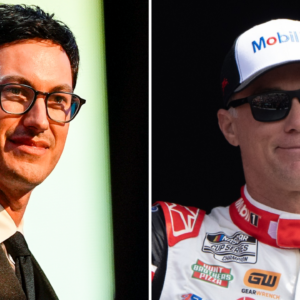(L-R) Joey Logano and Kevin Harvick.