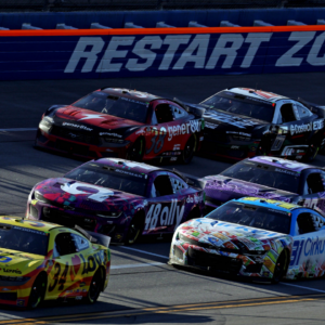 NASCAR Cup Series driver Michael McDowell (34) leads the field during the GEICO 500 at Talladega Superspeedway.