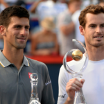 Novak Djokovic of Serbia (left) and Andy Murray of Great Britain with their trophies during the Rogers Cup tennis tournament final at Uniprix Stadium.
